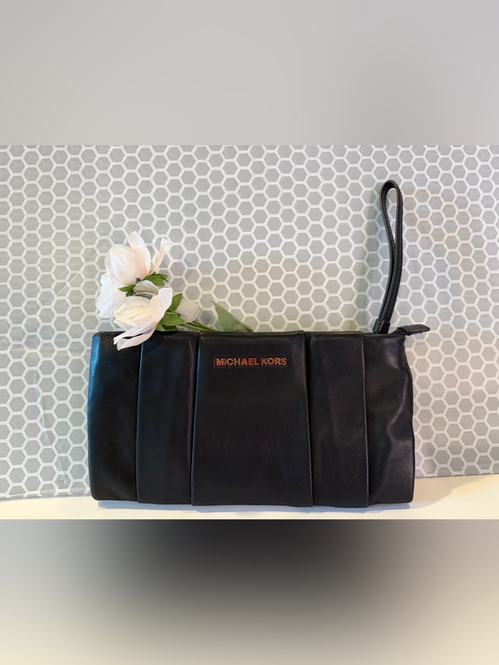 Michael Kors Daria Black Leather Pleated Wristlet Clutch with Gold Logo
